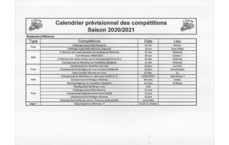 CALENDRIER COMPETITIONS 2020/2021